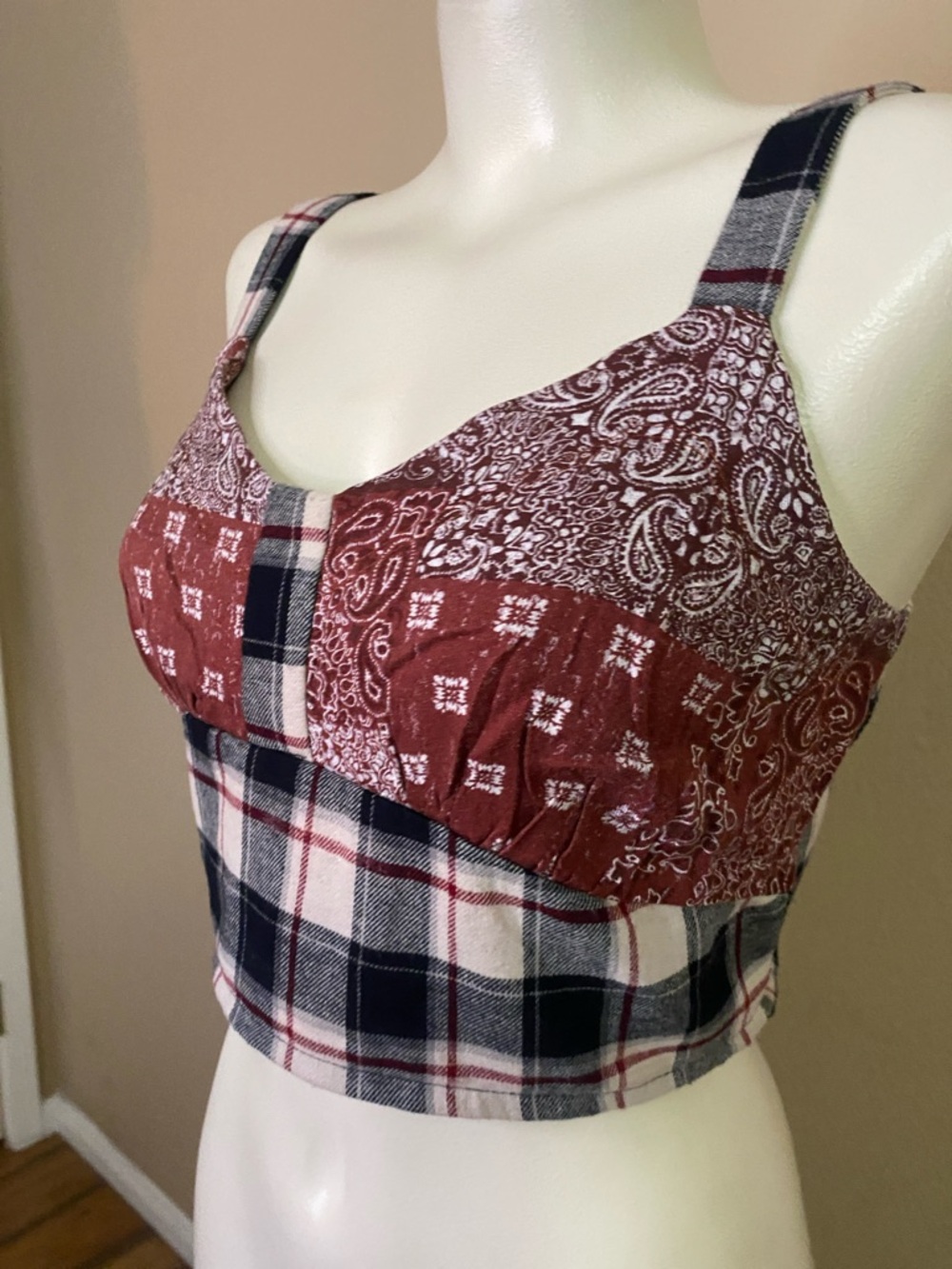 SO navy burgundy bustier boho flannel grunge crop Top S ❤️
